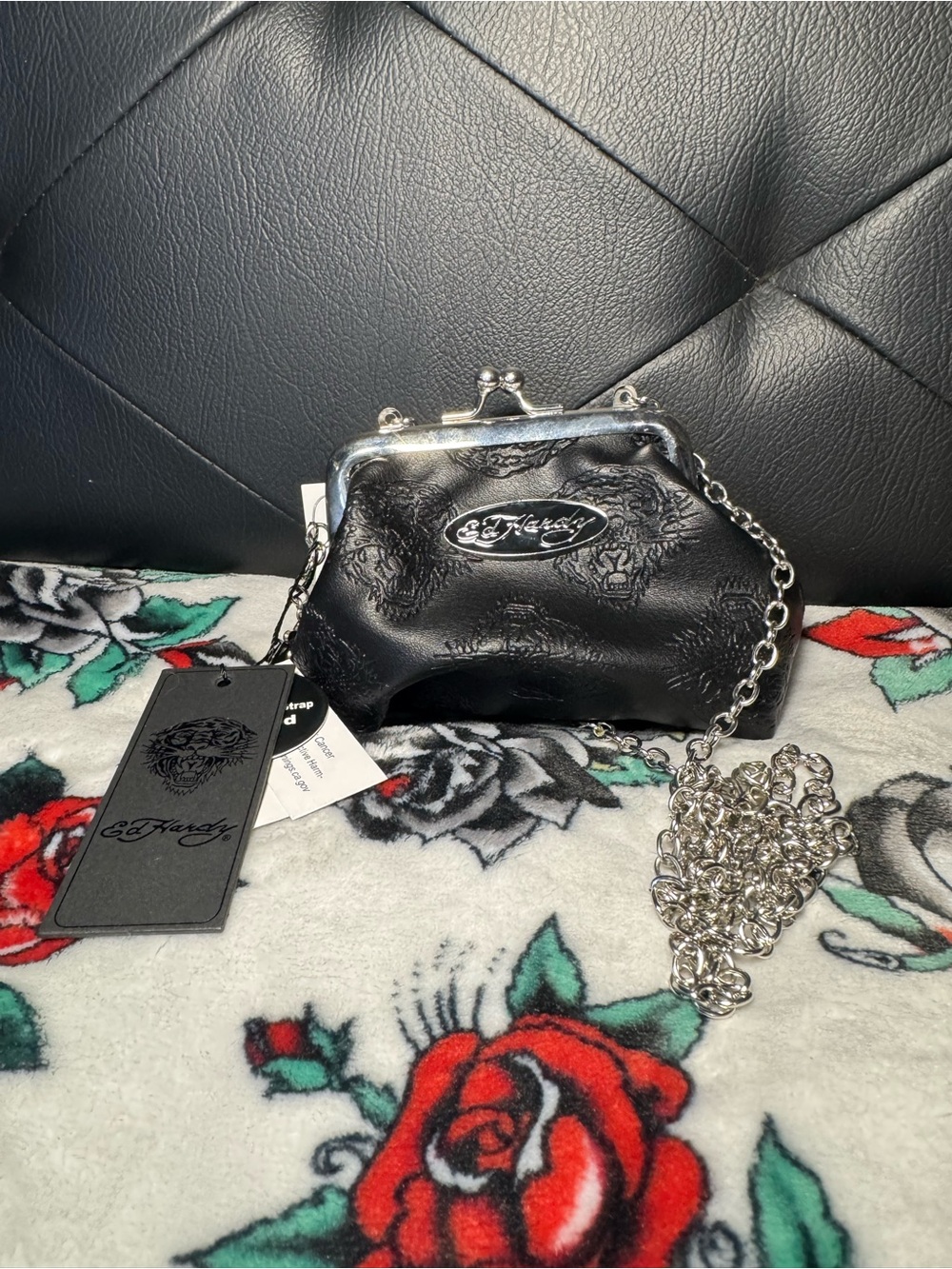 Ed Hardy Black Kiss-Lock cross body or coin bag with Silver Chain